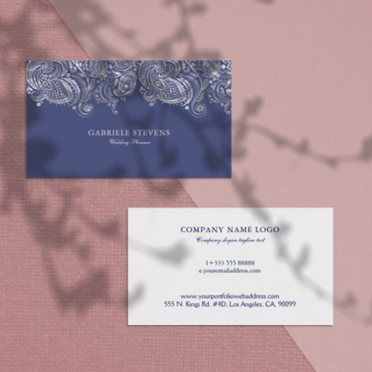 Blauw en Zilver Paisley Wedding Planner Visitekaartje