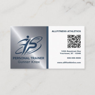 Blauw en Zilver QR Code Fitness Trainer Visitekaartje