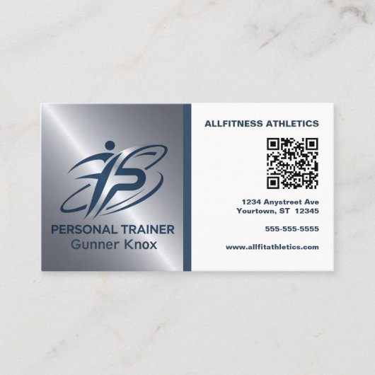 Blauw en Zilver QR Code Fitness Trainer Visitekaartje (Voorkant)