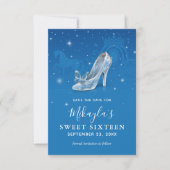 Blauw en Zilver Schoen Assepoester Sweet 16 Verjaa Save The Date (Voorkant)