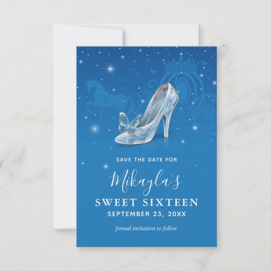 Blauw en Zilver Schoen Assepoester Sweet 16 Verjaa Save The Date (Voorkant)