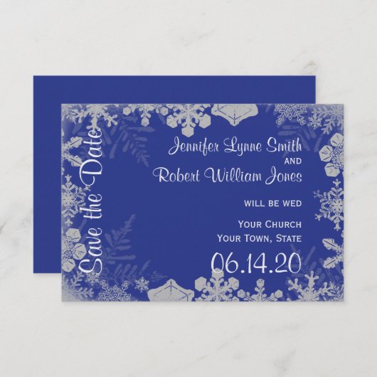 Blauw en Zilver Sneeuwvlok Bruiloft Save the Date (Voorkant / Achterkant)