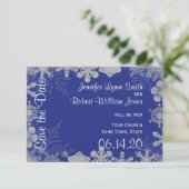 Blauw en Zilver Sneeuwvlok Bruiloft Save the Date (Staand voorkant)