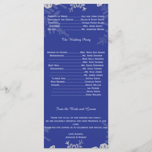 Blauw en Zilver Sneeuwvlok Trouwprogramma Programmakaart (Achterkant)