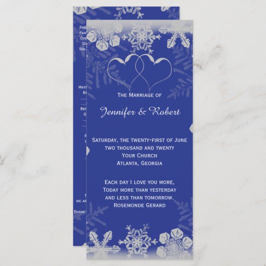 Blauw en Zilver Sneeuwvlok Trouwprogramma Programmakaart (Voorkant / Achterkant)
