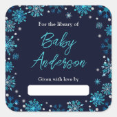 Blauw en Zilver Sneeuwvlokken Baby shower Bookplat Vierkante Sticker (Voorkant)