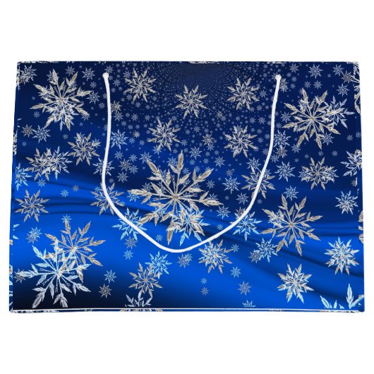 Blauw en Zilver Sneeuwvlokken Kerstmis Groot Cadeauzakje (Voorkant)