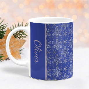 Blauw en Zilver Sneeuwvlokken Kerstmug met Naam Koffiemok