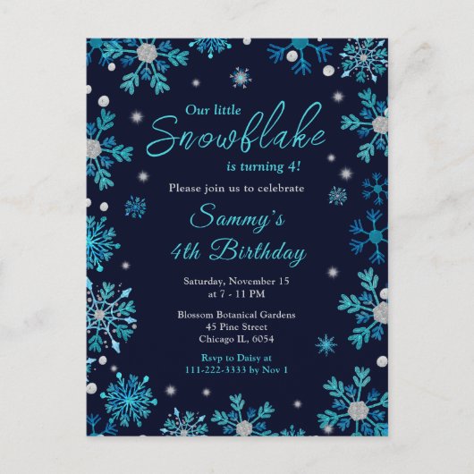 Blauw en Zilver Sneeuwvlokken Verjaardagsfeest Briefkaart (Voorkant)