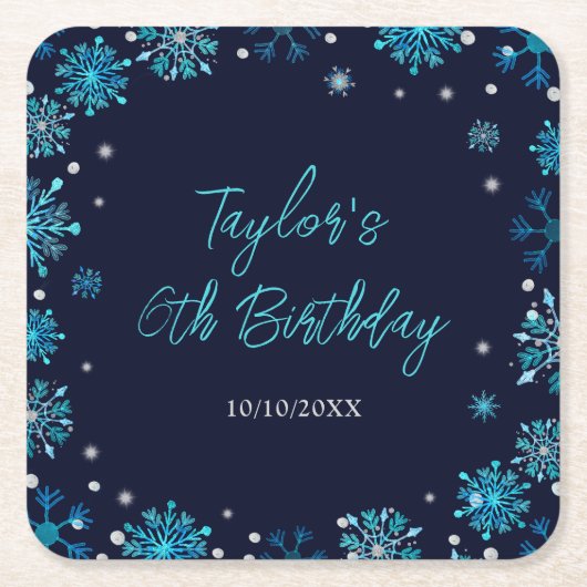 Blauw en Zilver Sneeuwvlokken Verjaardagsfeest Kartonnen Onderzetters (Voorkant)