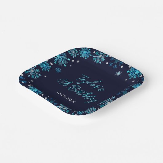 Blauw en Zilver Sneeuwvlokken Verjaardagsfeest Papieren Bordje (Gebogen)