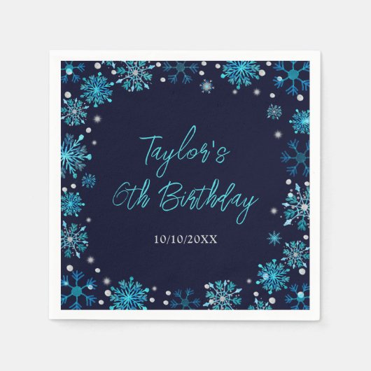 Blauw en Zilver Sneeuwvlokken Verjaardagsfeest Servet (Voorkant)
