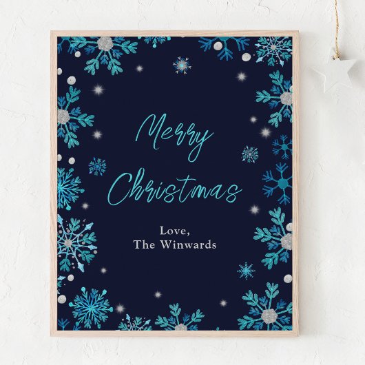 Blauw en zilver Snowflakes Merry Kerstmis Poster