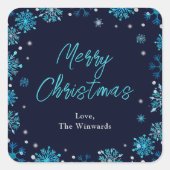 Blauw en zilver Snowflakes Merry Kerstmis Vierkante Sticker (Voorkant)