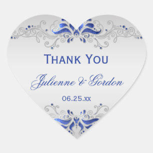  Blauw en Zilver Swirls Hart Bruiloft Favor Sticker