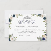 Blauw en Zilver Tiara Bloemen Quinceañera RSVP Bedankkaart (Voorkant)