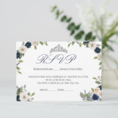 Blauw en Zilver Tiara Bloemen Quinceañera RSVP Bedankkaart (Staand voorkant)