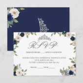 Blauw en Zilver Tiara Bloemen Quinceañera RSVP Bedankkaart (Voorkant / Achterkant)