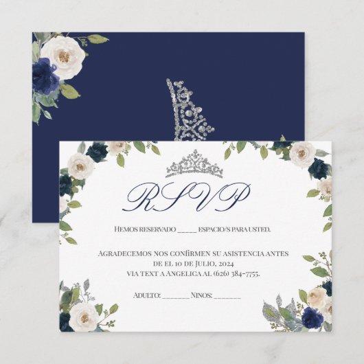 Blauw en Zilver Tiara Bloemen Quinceañera RSVP Bedankkaart (Voorkant / Achterkant)