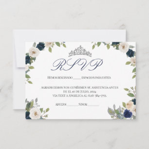 Blauw en Zilver Tiara Bloemen Quinceañera RSVP Bedankkaart