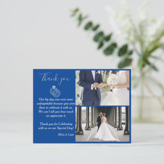 Blauw en Zilver Trouwring Dank u Briefkaart (Staand voorkant)