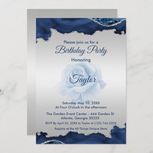 Blauw en Zilver Verjaardag Uitnodiging (Voorkant / Achterkant)