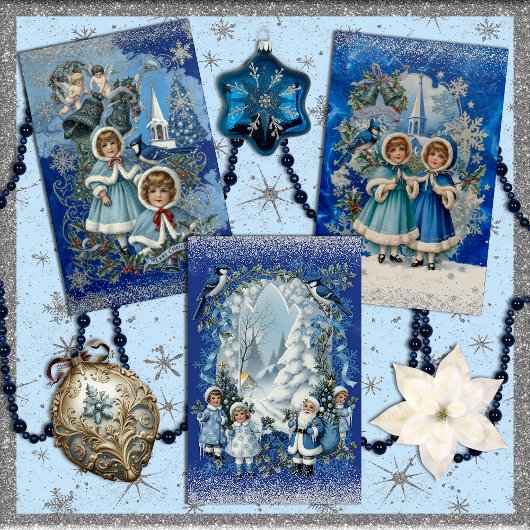 Blauw en zilver Victoriaans Kerstfeest Inpakpapier Vel
