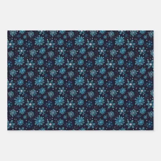 Blauw en Zilver Winter Sneeuwvlokken Patroon Inpakpapier Vel (Voorkant 3)