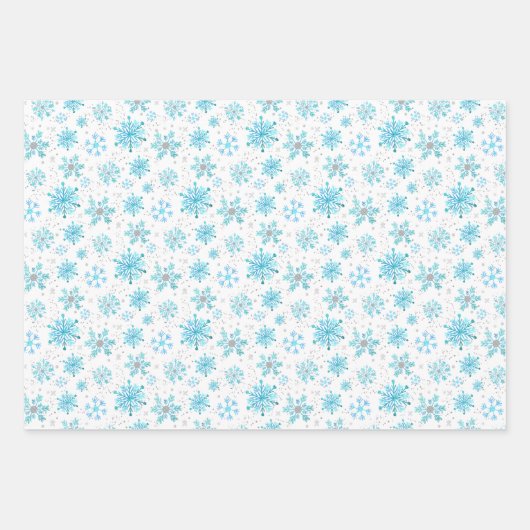 Blauw en Zilver Winter Sneeuwvlokken Patroon Inpakpapier Vel (Voorkant)