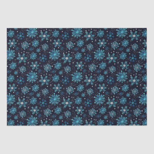 Blauw en Zilver Winter Sneeuwvlokken Patroon Tissuepapier (Voorkant)