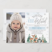 Blauw en Zilver Woodland Onederland 1e Verjaardag Kaart (Voorkant)