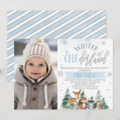 Blauw en Zilver Woodland Onederland 1e Verjaardag Kaart (Voorkant / Achterkant)