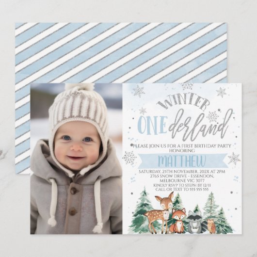 Blauw en Zilver Woodland Onederland 1e Verjaardag Kaart (Voorkant / Achterkant)