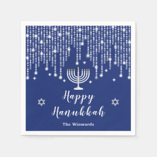 Blauw en zilveren slingerlichtjes Gelukkig Hanukka Servet