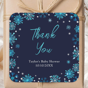 Blauw en Zilveren Sneeuwvlokken Baby Shower Dank J Vierkante Sticker