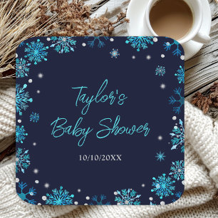 Blauw en Zilveren Sneeuwvlokken Baby Shower Kartonnen Onderzetters