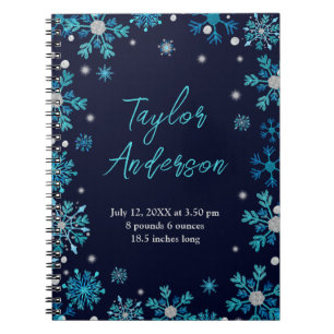 Blauw en zilveren sneeuwvlokken geboorte statistie notitieboek