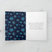 Blauw en zilveren sneeuwvlokken verjaardagsfeest bedankkaart (Binnen)