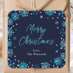 Blauw en zilveren sneeuwvlokken vrolijk kerstfeest vierkante sticker