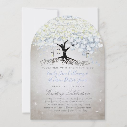 Blauw- en zilverhartrede Boho Wedding Kaart (Voorkant)