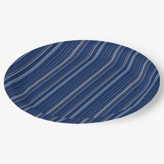 Blauw en zilverkleurig gestreepte 9" papieren Bord (Gekanteld)