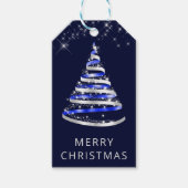 Blauw- en zilverlint en strooisel-kerstboom cadeaulabel (Voorkant)