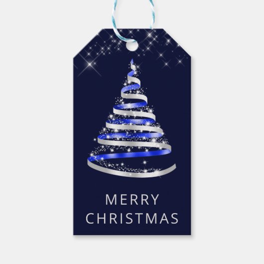 Blauw- en zilverlint en strooisel-kerstboom cadeaulabel (Voorkant)