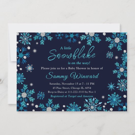 Blauw- en zilversneeuwvlokken Baby shower Kaart (Voorkant)