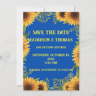 Blauw en zonnebloem gepersonaliseerd save the date kaart