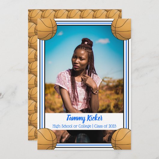 Blauw en zwart Basketball Afstuderen Aankondiging (Voorkant / Achterkant)