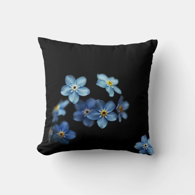 Blauw en zwart Bloemen Zwart Kussen (Voorkant)