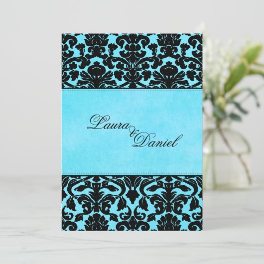 Blauw en zwart Damask bruiloft uitnodiging (Staand voorkant)