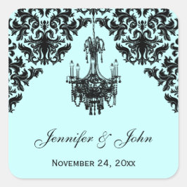 Blauw en Zwart Damask Kroonluchter Bruiloft Sticke Vierkante Sticker
