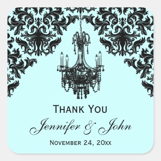 Blauw en zwart Damask Kroonluchter Favor Sticker (Voorkant)